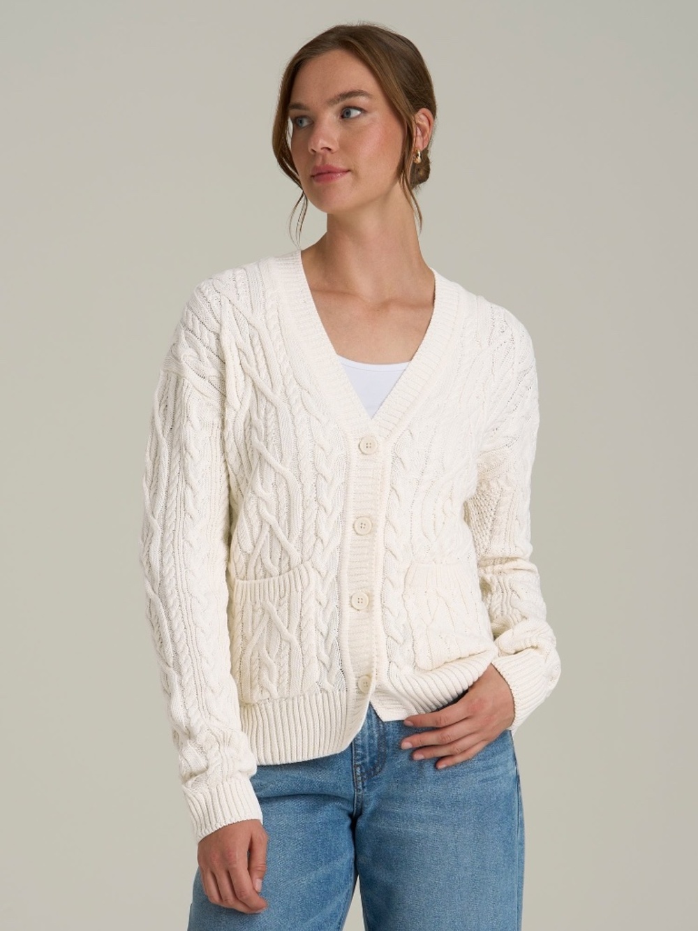 American Tall Relaxed Cotton Cable Knit Cardigan in Ecru M Extra Tall